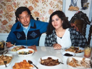 Susan and her father having Thanksgiving dinner near Vassar at her cousin's house in Fishkill, New York, 1989