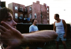 Brian and friends on roof of the Brooklyn apartment . 