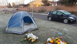 Jared camping at Sharry's grave, December, 2016.